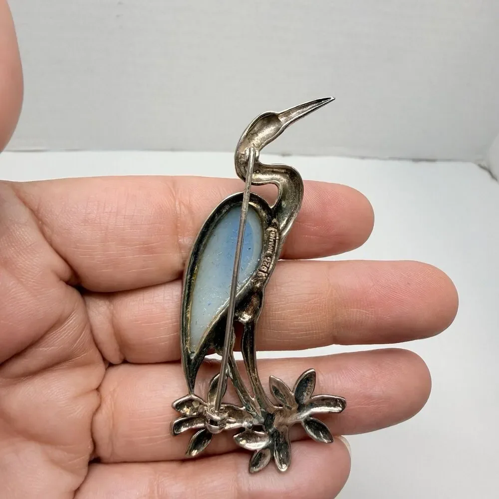 Vintage Sterling Silver Marcasite Mother Of Pearl Standing Heron Bird Brooch 13g